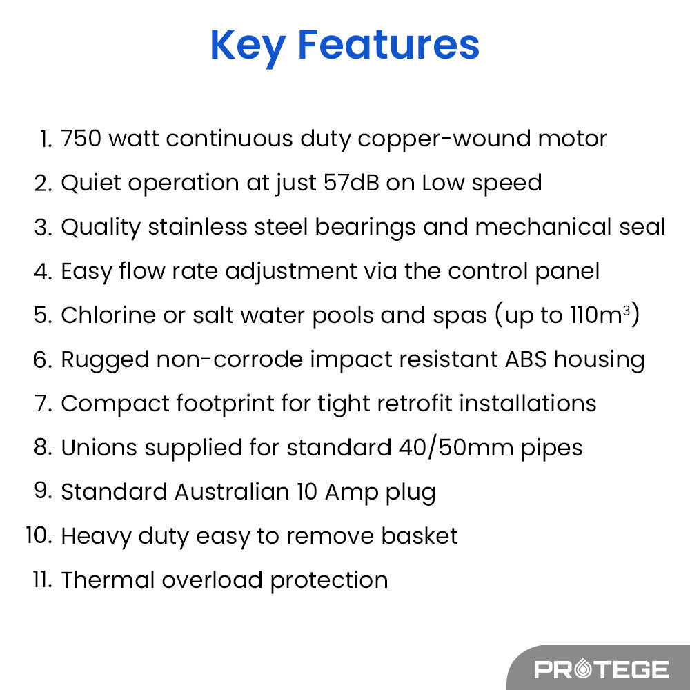 PROTEGE Variable Speed Pump, 1.0HP, 3 Speeds, Quiet, Economical, for Swimming Pool and Spa V219-POLPMPPT10HA