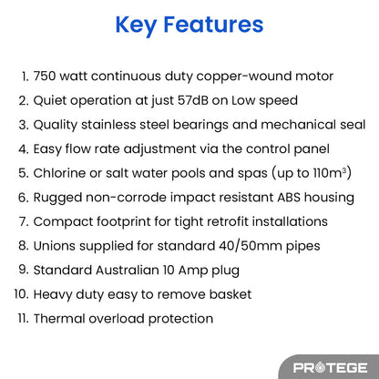 PROTEGE Variable Speed Pump, 1.0HP, 3 Speeds, Quiet, Economical, for Swimming Pool and Spa V219-POLPMPPT10HA
