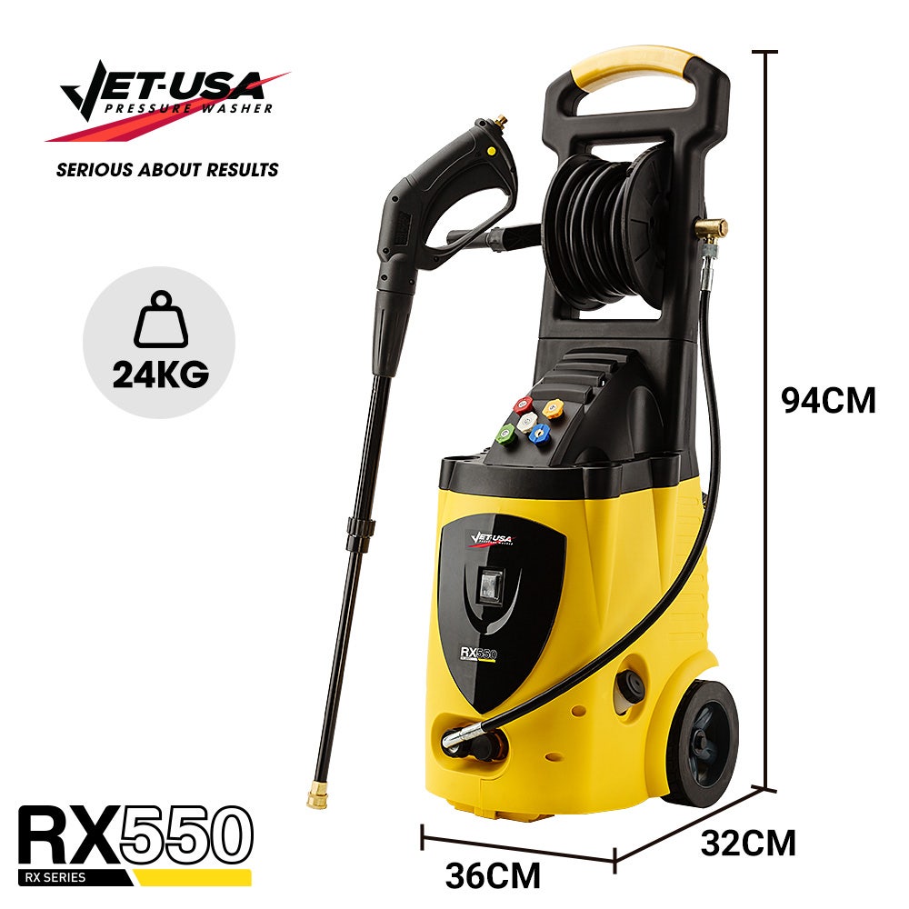 JET-USA RX550 Electric High Pressure Washer 3500PSI, 5 Nozzles, Spin & Wheel Brush, Deck Cleaner, Turbo Head, V219-PRSWSH-ELEC-3200WF