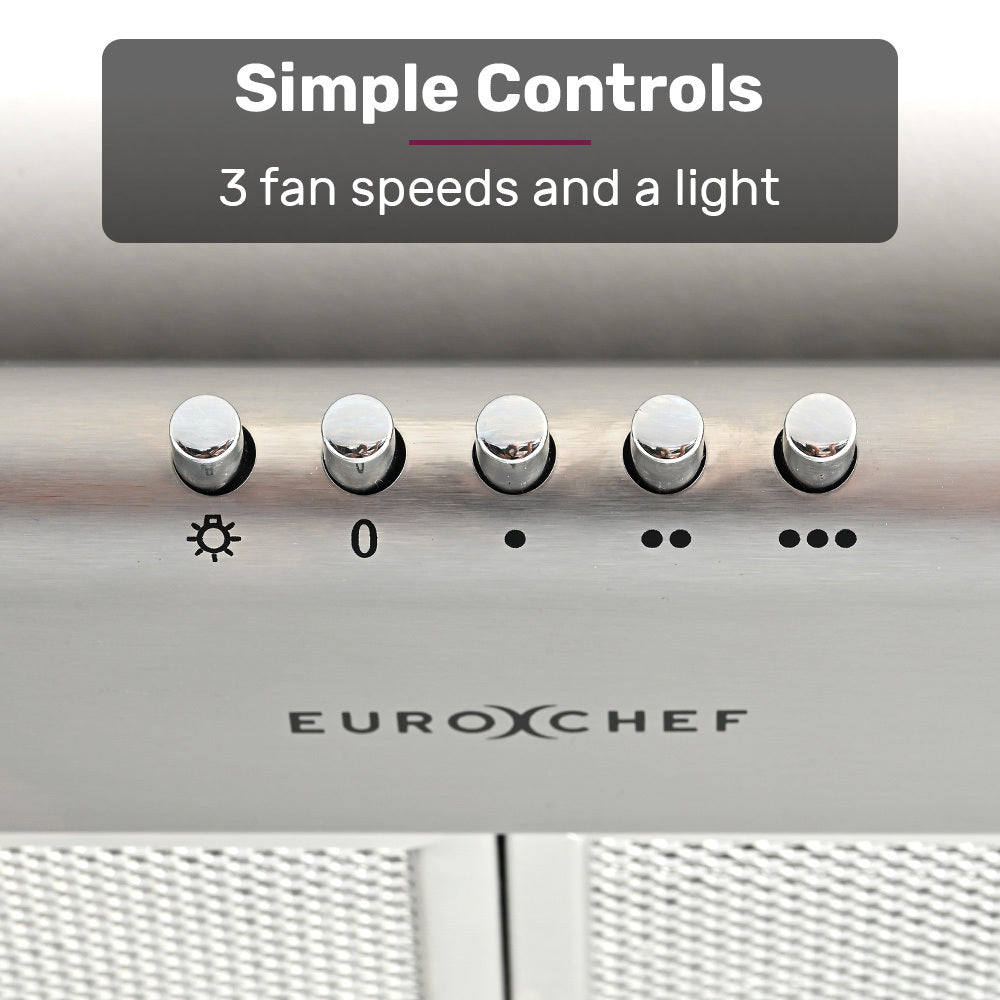 EUROCHEF 60cm Fixed Stainless Steel Rangehood, Quiet 3-Speed, 4-Layer Dishwashable Filters, Halogen Lights V219-RGHFIXEC67FA