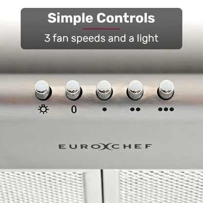 EUROCHEF 60cm Fixed Stainless Steel Rangehood, Quiet 3-Speed, 4-Layer Dishwashable Filters, Halogen Lights V219-RGHFIXEC67FA