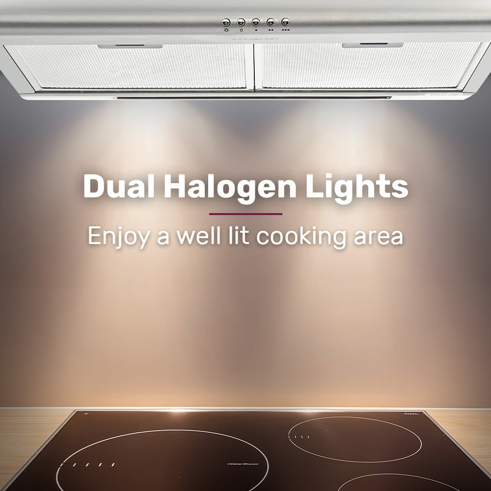 EUROCHEF 60cm Fixed Stainless Steel Rangehood, Quiet 3-Speed, 4-Layer Dishwashable Filters, Halogen Lights V219-RGHFIXEC67FA