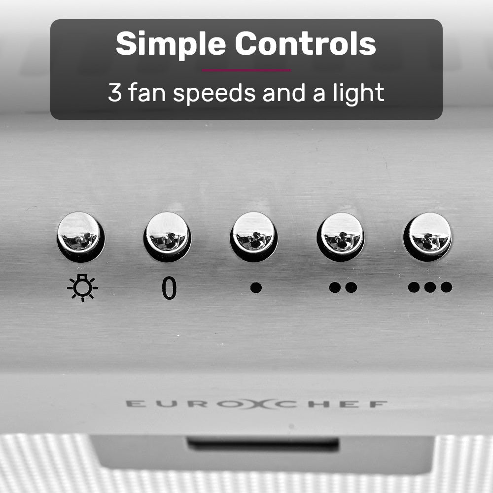 EUROCHEF 90cm Fixed Stainless Steel Rangehood, Quiet 3-Speed, 4-Layer Dishwashable Filters, Halogen Lights V219-RGHFIXEC97FA