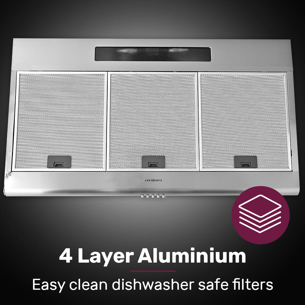 EUROCHEF 90cm Fixed Stainless Steel Rangehood, Quiet 3-Speed, 4-Layer Dishwashable Filters, Halogen Lights V219-RGHFIXEC97FA