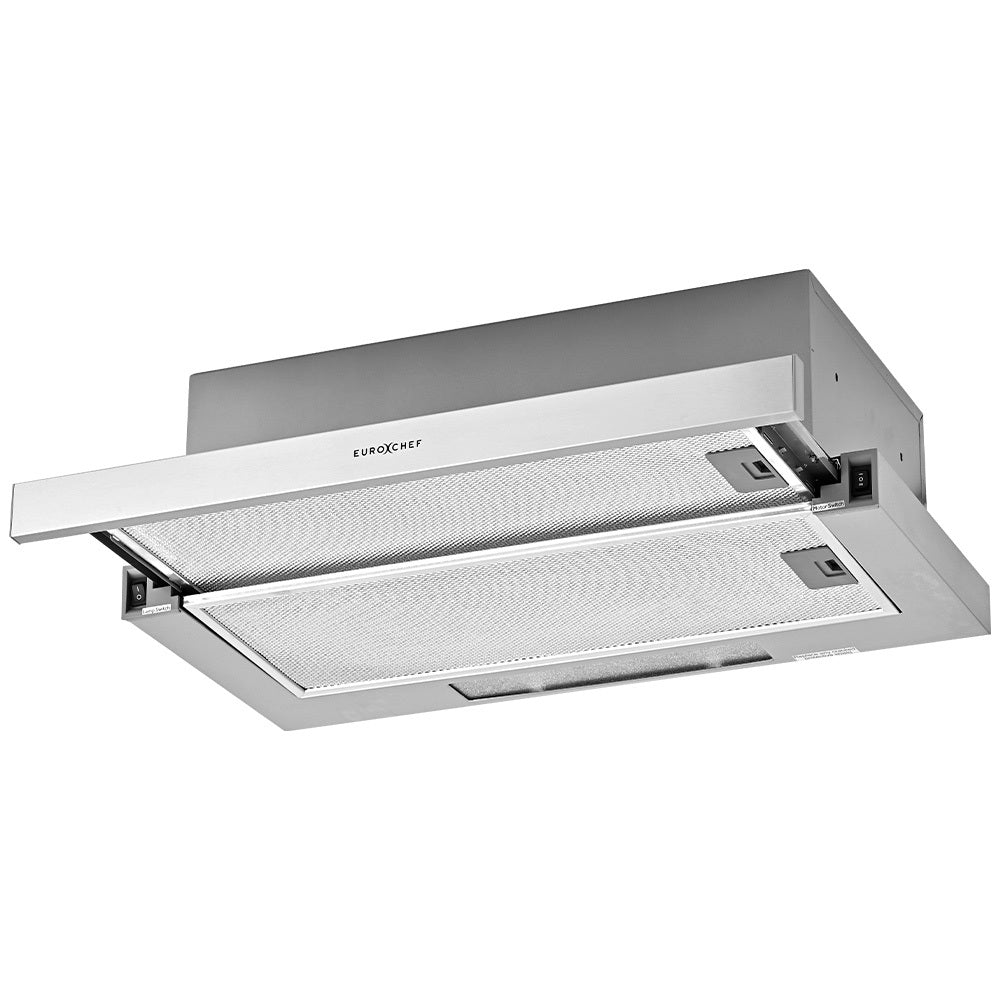 EUROCHEF 60cm Slideout Stainless Steel Rangehood, Quiet 2-Speed, 3-Layer Dishwashable Filters, Halogen Lights V219-RGHSLDEC67SA