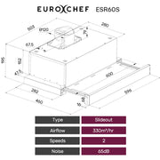 EUROCHEF 60cm Slideout Stainless Steel Rangehood, Quiet 2-Speed, 3-Layer Dishwashable Filters, Halogen Lights V219-RGHSLDEC67SA