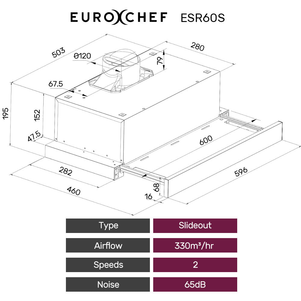 EUROCHEF 60cm Slideout Stainless Steel Rangehood, Quiet 2-Speed, 3-Layer Dishwashable Filters, Halogen Lights V219-RGHSLDEC67SA