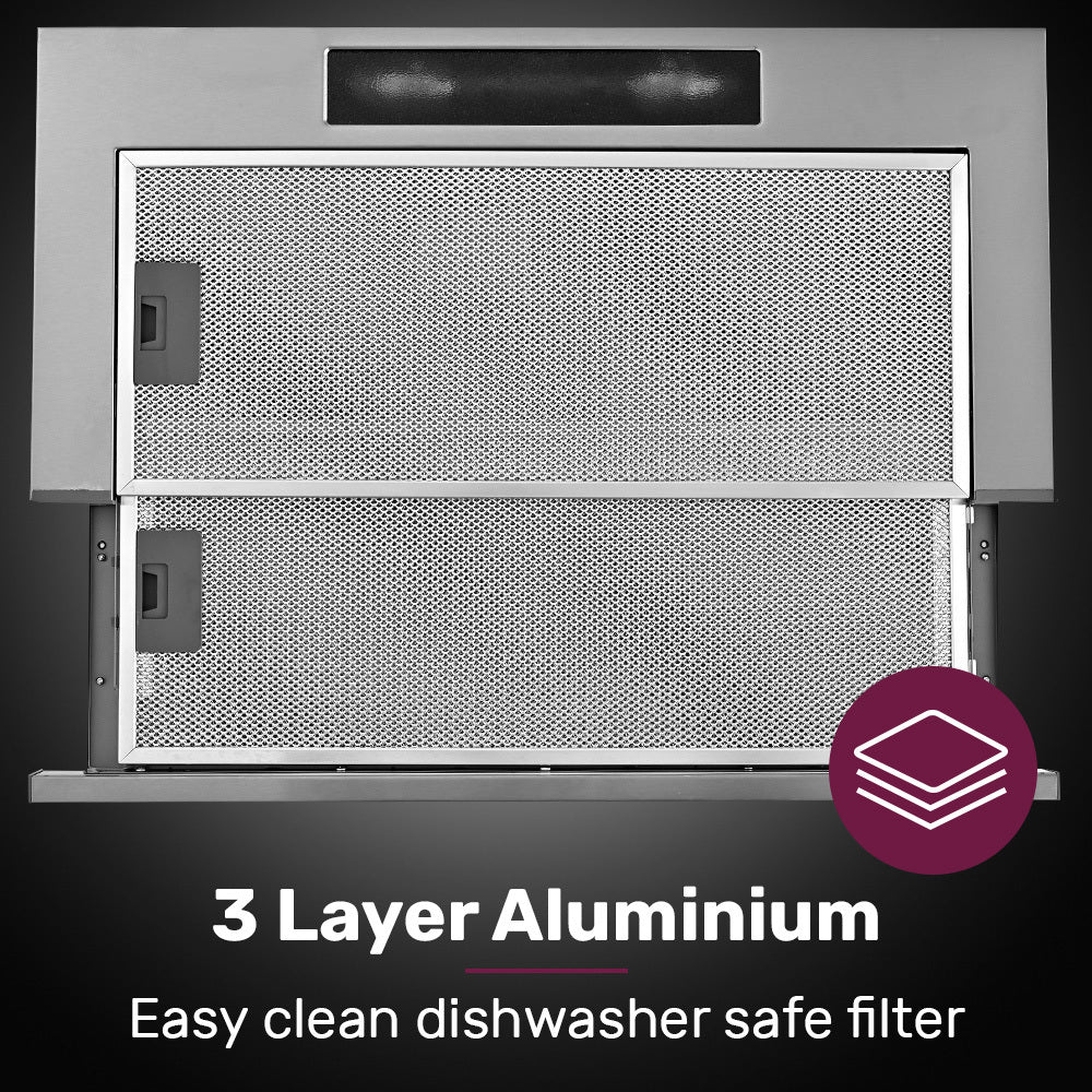 EUROCHEF 60cm Slideout Stainless Steel Rangehood, Quiet 2-Speed, 3-Layer Dishwashable Filters, Halogen Lights V219-RGHSLDEC67SA