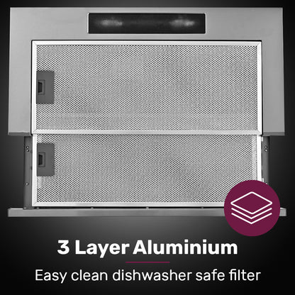 EUROCHEF 60cm Slideout Stainless Steel Rangehood, Quiet 2-Speed, 3-Layer Dishwashable Filters, Halogen Lights V219-RGHSLDEC67SA