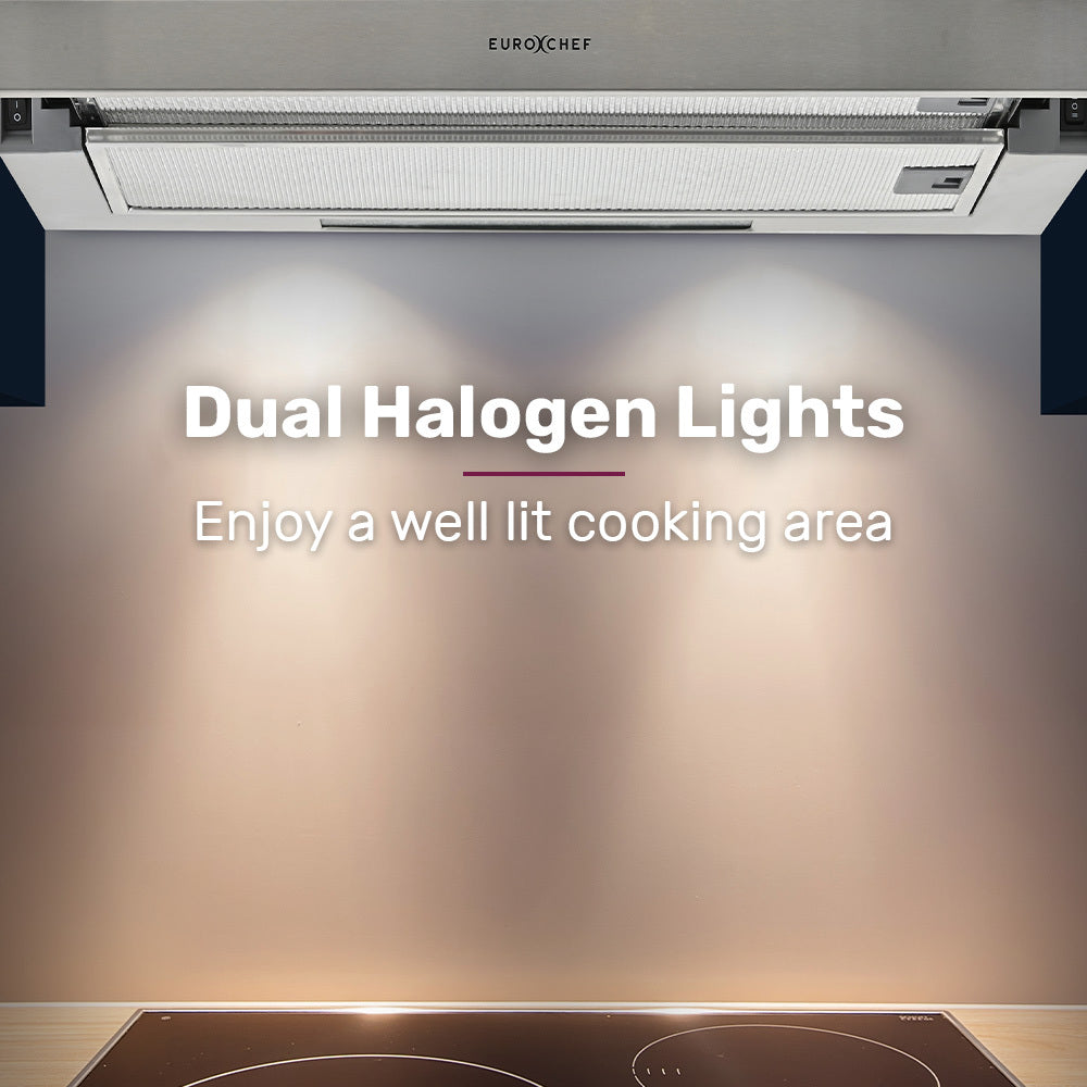 EUROCHEF 60cm Slideout Stainless Steel Rangehood, Quiet 2-Speed, 3-Layer Dishwashable Filters, Halogen Lights V219-RGHSLDEC67SA