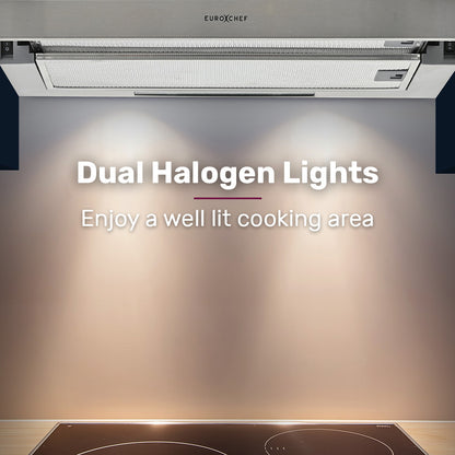 EUROCHEF 60cm Slideout Stainless Steel Rangehood, Quiet 2-Speed, 3-Layer Dishwashable Filters, Halogen Lights V219-RGHSLDEC67SA