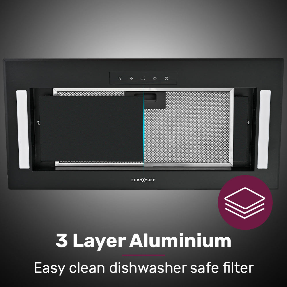EUROCHEF 60cm Undermount Rangehood Black, Quiet 3-Speed, 3-Layer Dishwashable Filter, LED Lights EUR60B V219-RGHUDREC6BFA