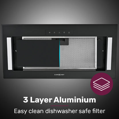 EUROCHEF 60cm Undermount Rangehood Black, Quiet 3-Speed, 3-Layer Dishwashable Filter, LED Lights EUR60B V219-RGHUDREC6BFA