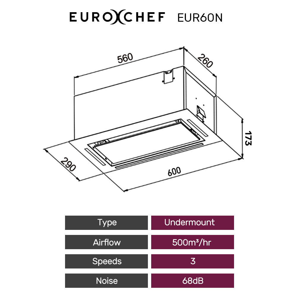 EUROCHEF 60cm Undermount Rangehood Silver, Quiet 3-Speed, 3-Layer Dishwashable Filter, LED Lights EUR60N V219-RGHUDREC6NFA