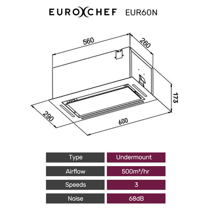 EUROCHEF 60cm Undermount Rangehood Silver, Quiet 3-Speed, 3-Layer Dishwashable Filter, LED Lights EUR60N V219-RGHUDREC6NFA