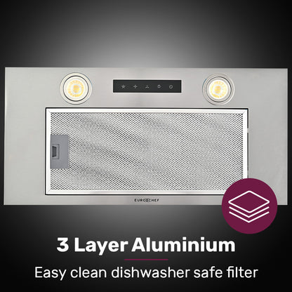 EUROCHEF 60cm Undermount Rangehood Silver, Quiet 3-Speed, 3-Layer Dishwashable Filter, LED Lights EUR60N V219-RGHUDREC6NFA
