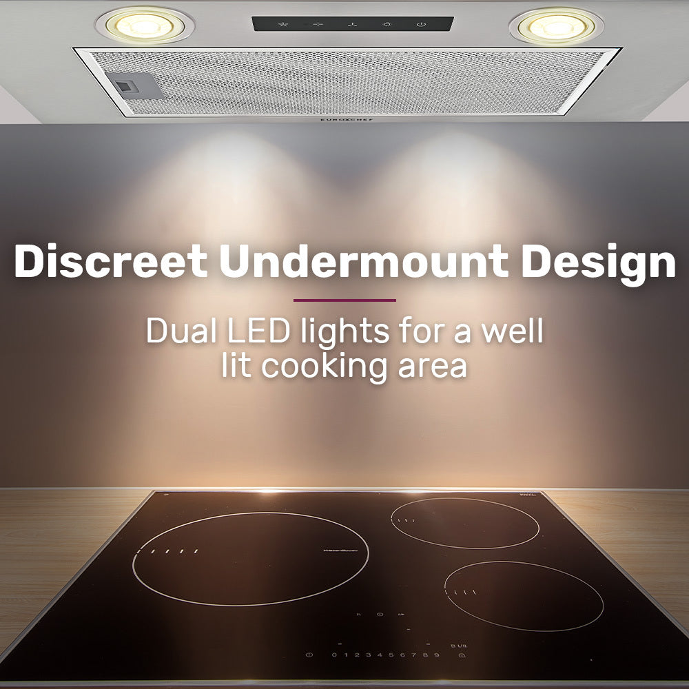 EUROCHEF 60cm Undermount Rangehood Silver, Quiet 3-Speed, 3-Layer Dishwashable Filter, LED Lights EUR60N V219-RGHUDREC6NFA