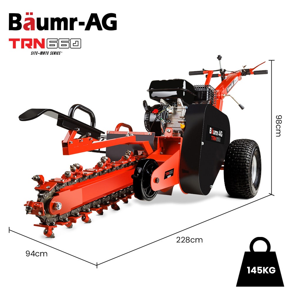 BAUMR-AG TRN660 8HP 600mmx90mm Trench Digger, Heavy-duty Carbide Claws, EZ Start, 8HP, Adj Controls V219-RURTRNBMRA660