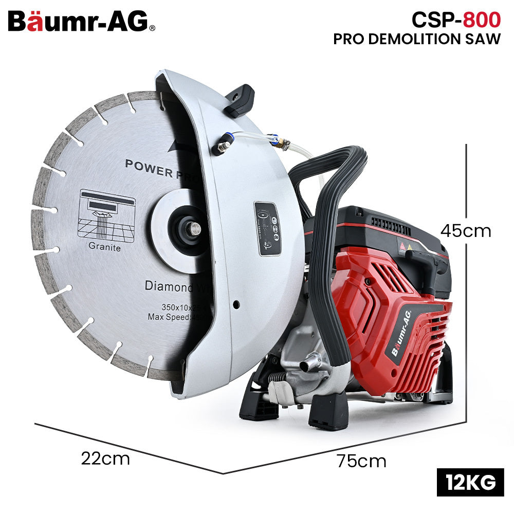 BAUMR-AG 350mm Professional Concrete Demolition Saw 74cc 2-Stroke, Wet and Dry Demo Cutting, 14" Diamond V219-SAWCONBMP8CA