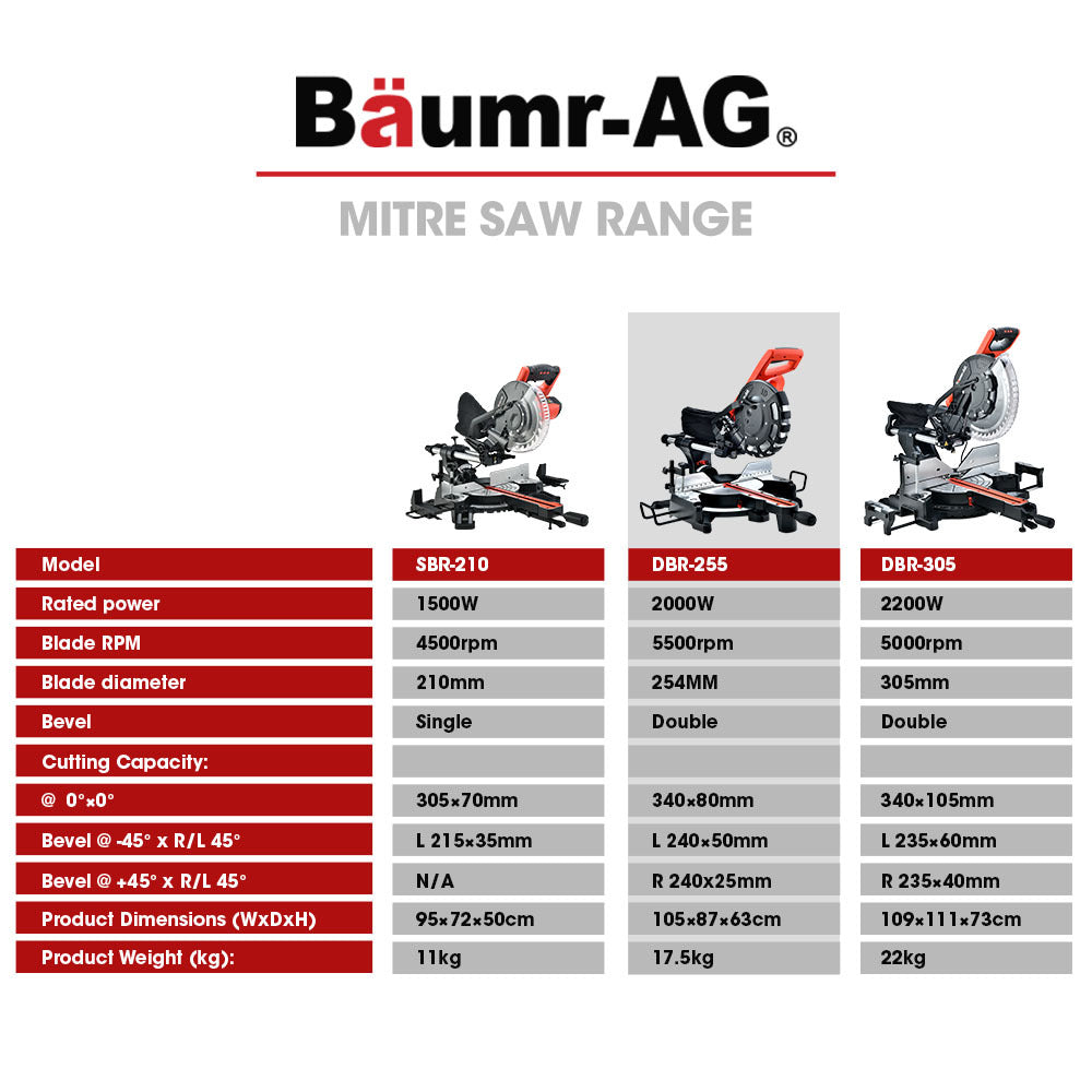 BAUMR-AG 254mm Dual Bevel Sliding Compound Mitre Drop Saw V219-SAWMITBMRA25DR