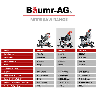 BAUMR-AG 254mm Dual Bevel Sliding Compound Mitre Drop Saw V219-SAWMITBMRA25DR