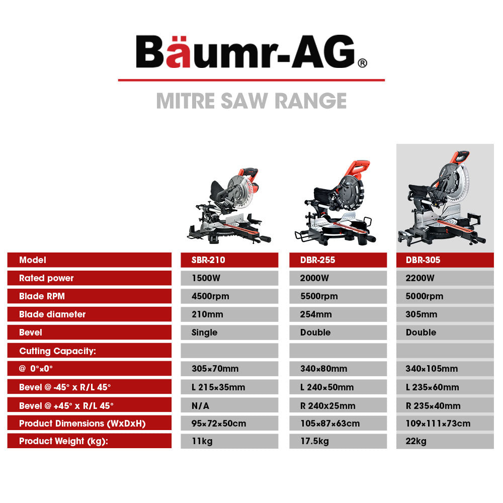 BAUMR-AG 305mm Compound Mitre Saw Dual Bevel Sliding Drop Saws 2200W V219-SAWMITBMRA30DR