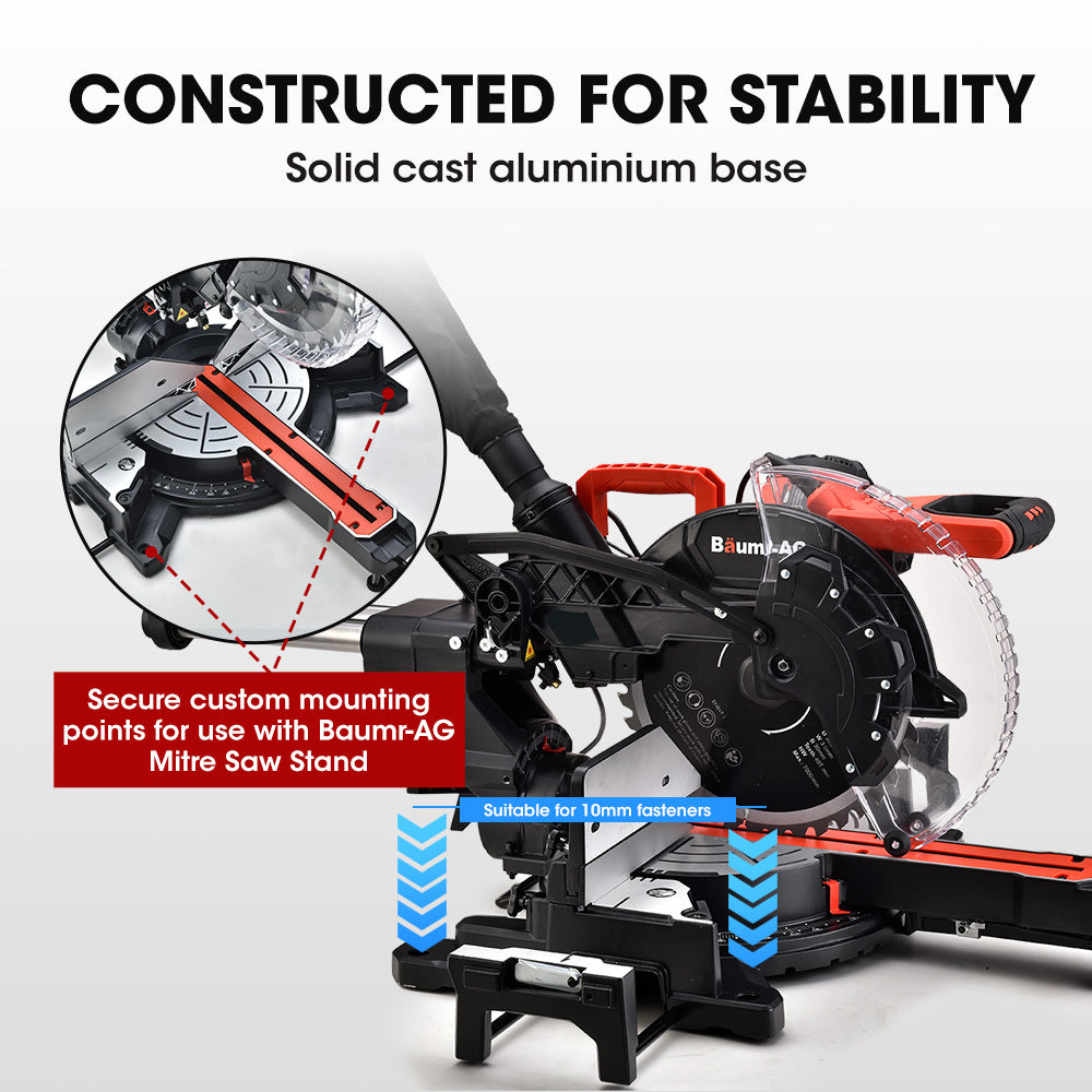 BAUMR-AG 305mm Dual Bevel Sliding Compound Mitre Drop Saw and Adjustable Stand Combo V219-SAWMTRBM30DF17