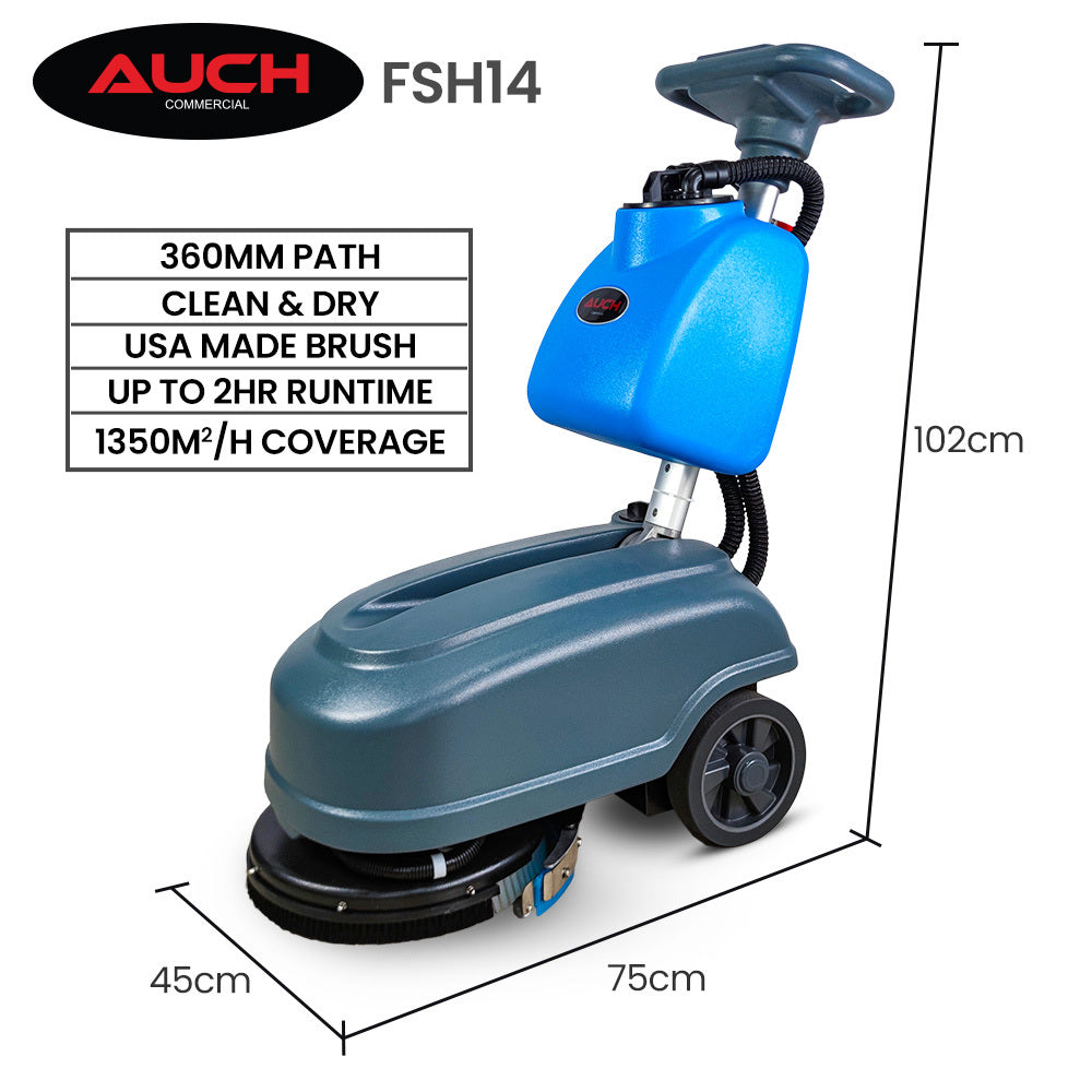AUCH FSH14 Floor Scrubber & Dryer, 360mm, Battery Powered, Walk Behind, Multi-purpose Commercial Grade Machine V219-SCBHNDACH14A