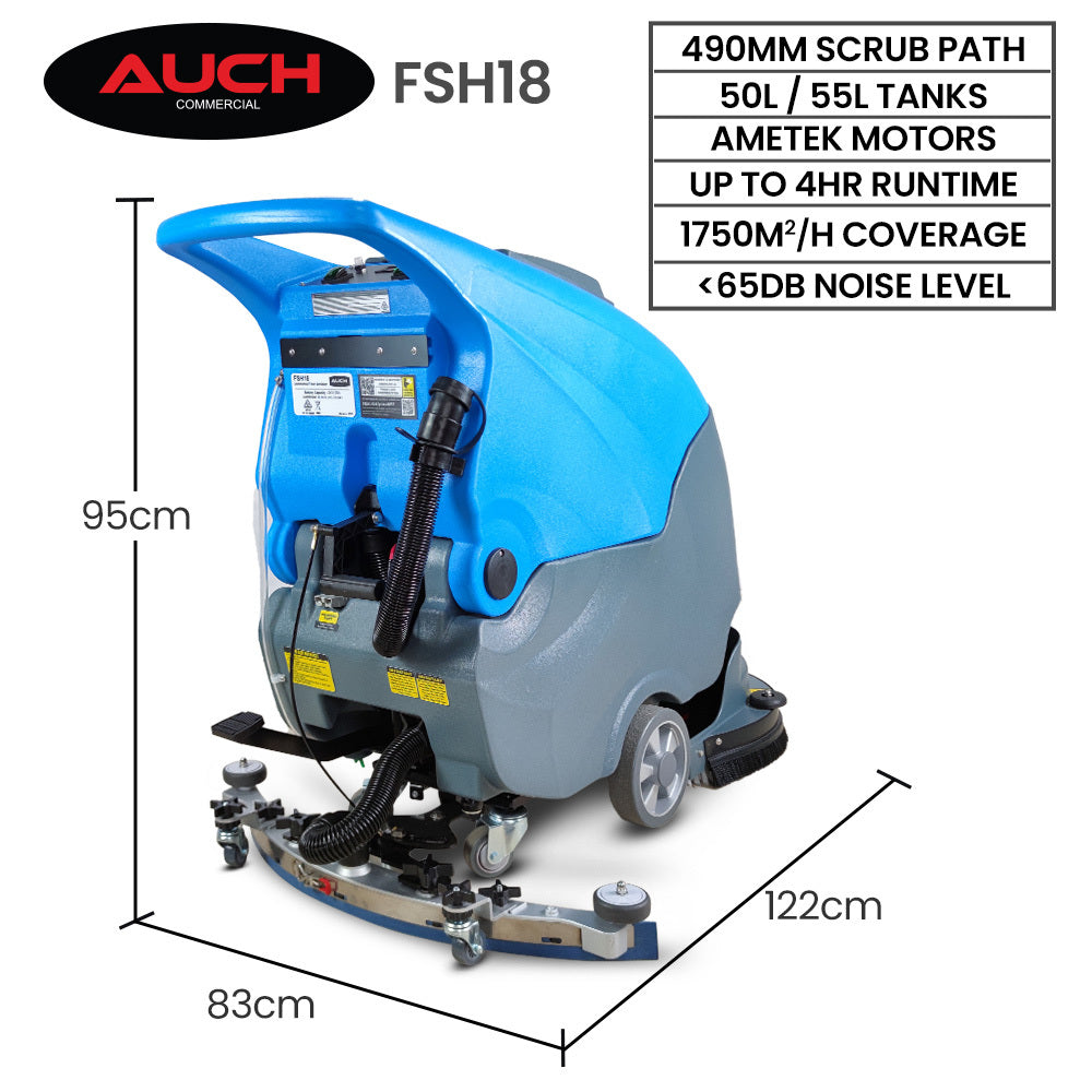 Auch FSH18 Floor Scrubber & Dryer, 490mm, Battery Powered, Walk Behind, Multi-purpose Commercial Grade Machine V219-SCBHNDACP18A