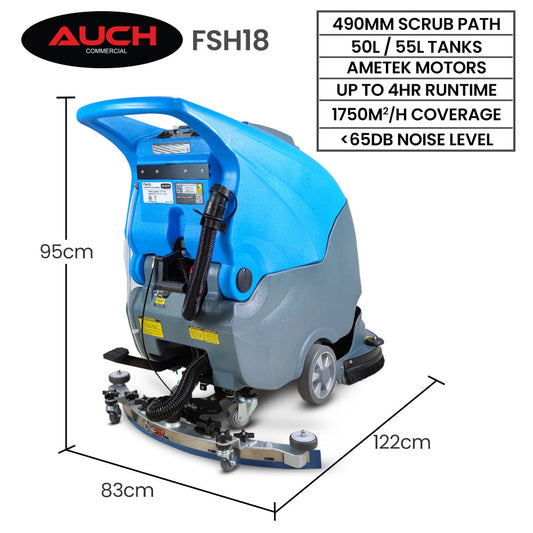 Auch FSH18 Floor Scrubber & Dryer, 490mm, Battery Powered, Walk Behind, Multi-purpose Commercial Grade Machine V219-SCBHNDACP18A