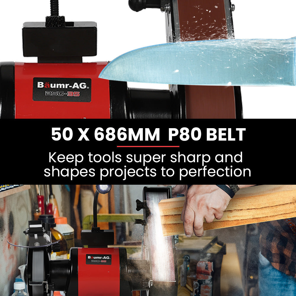 BAUMR-AG Bench Grinder and Belt Sander Combo, 150mm Grinding Disc, 50 x 686mm Linisher, Brushless Motor, V219-SNDBELBMG35A
