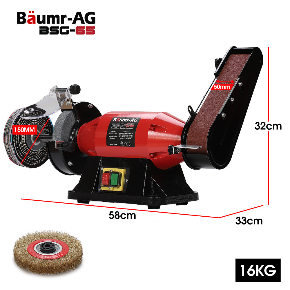 BAUMR-AG Bench Grinder Sander and Polisher Combo, 150mm Grinding Wheel, 50mm Linisher, 520W Brushless Motor, V219-SNDBELBMG65A