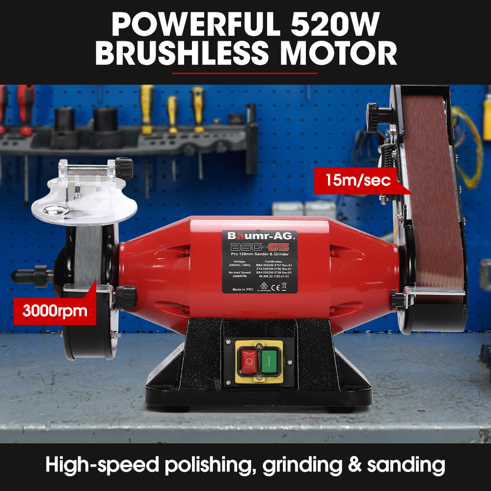 BAUMR-AG Bench Grinder Sander and Polisher Combo, 150mm Grinding Wheel, 50mm Linisher, 520W Brushless Motor, V219-SNDBELBMG65A