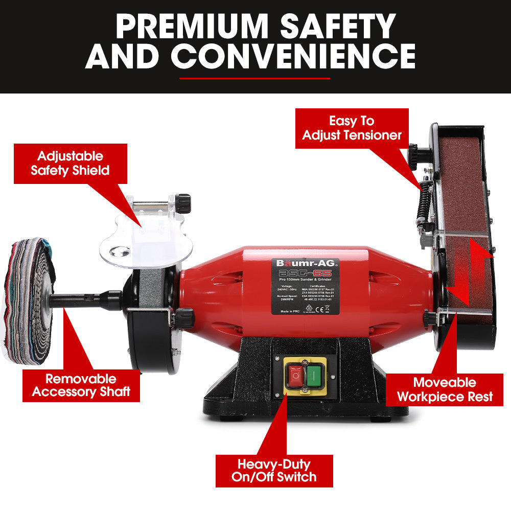 BAUMR-AG Bench Grinder Sander and Polisher Combo, 150mm Grinding Wheel, 50mm Linisher, 520W Brushless Motor, V219-SNDBELBMG65A