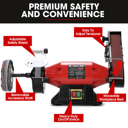 BAUMR-AG Bench Grinder Sander and Polisher Combo, 150mm Grinding Wheel, 50mm Linisher, 520W Brushless Motor, V219-SNDBELBMG65A