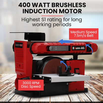 BAUMR-AG Bench Belt and Disc Sander Combo, 100mm Linisher + 150mm Disc, S1 Rated 400W Brushless Motor, V219-SNDBELBMS55A