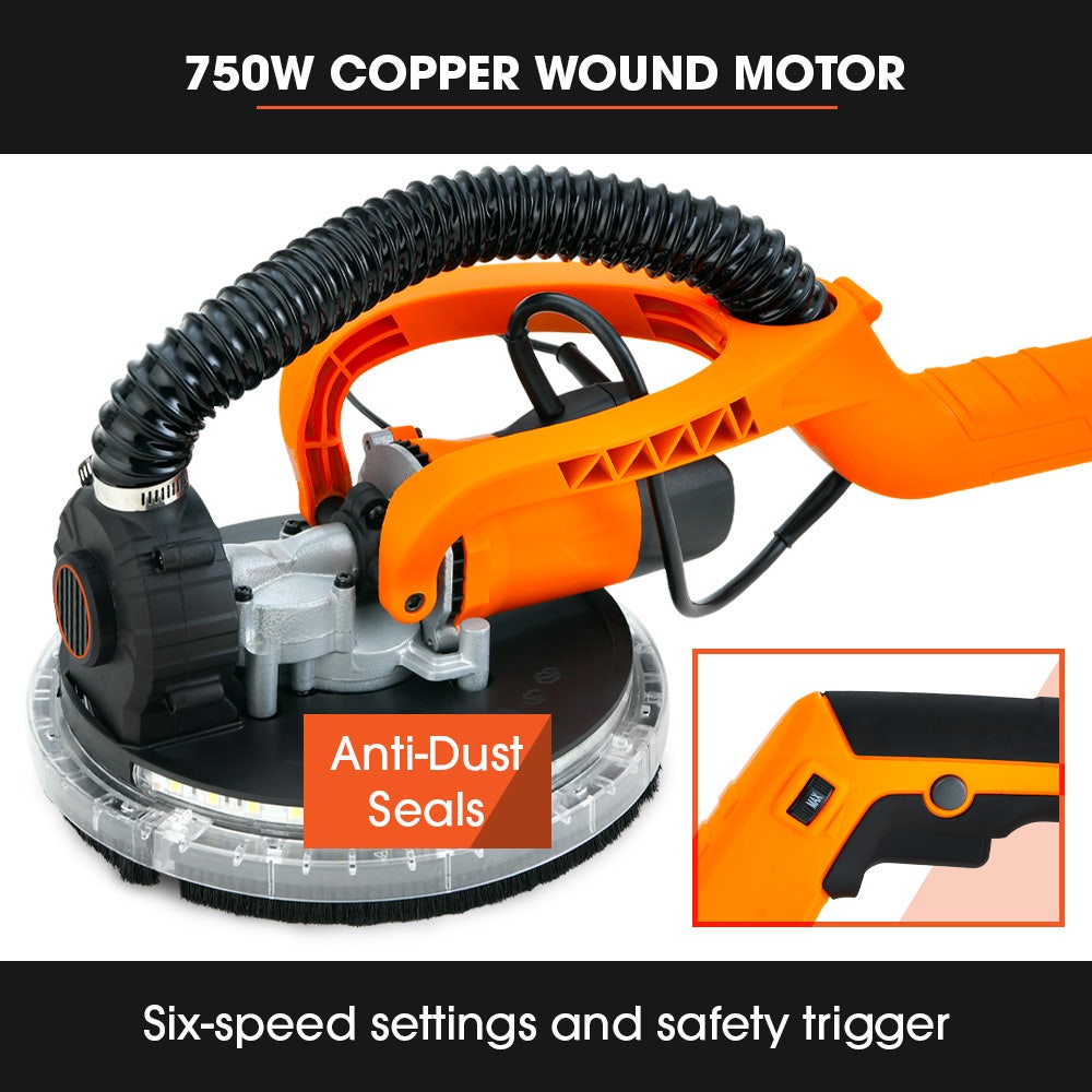 Unimac 225mm 750W Telescopic Long Reach Dry Wall Sander Kit, Foldable, Vacuum System, LED Worklight, 6x V219-SNDDRYUMLA7A