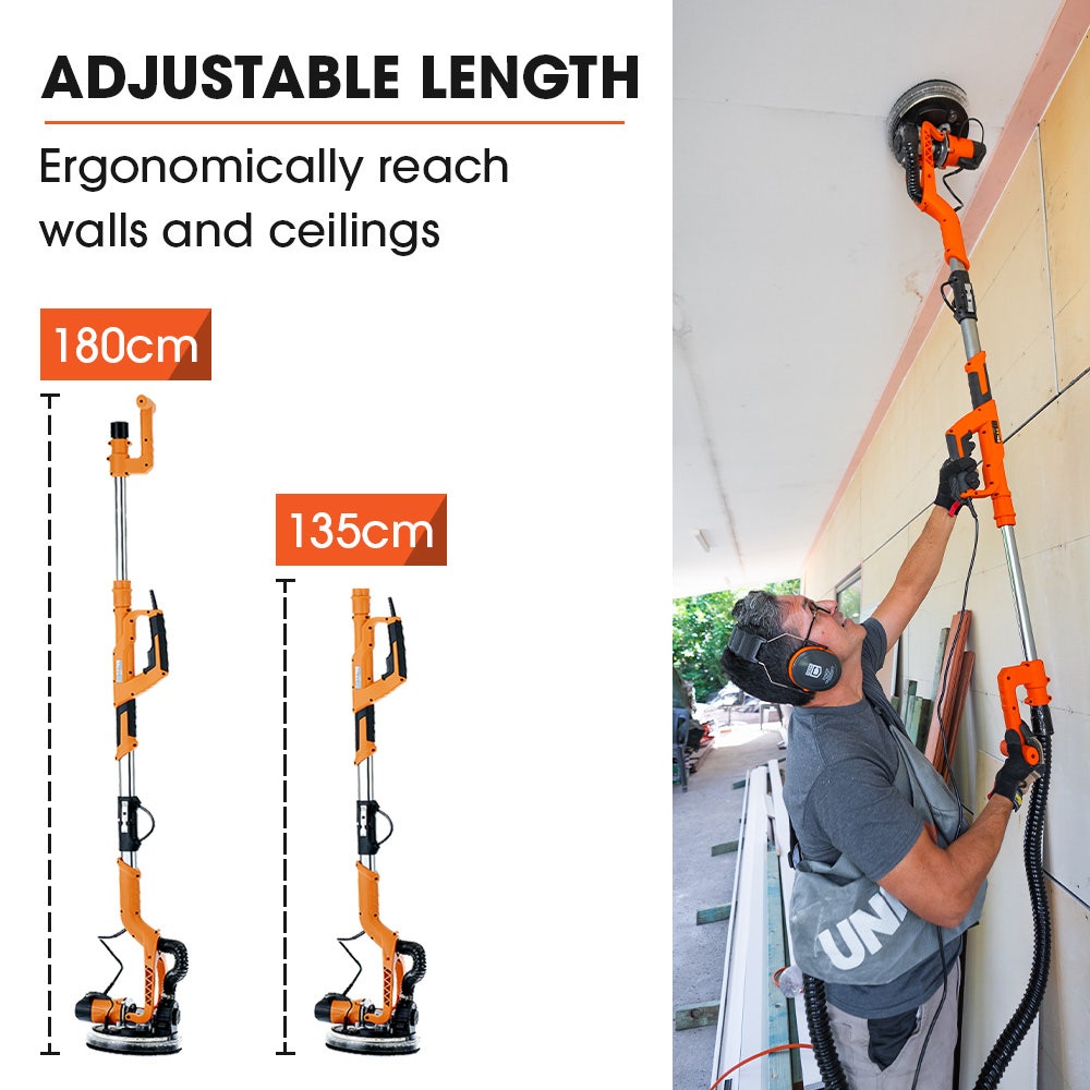 Unimac 225mm 750W Telescopic Long Reach Dry Wall Sander Kit, Foldable, Vacuum System, LED Worklight, 6x V219-SNDDRYUMLA7A
