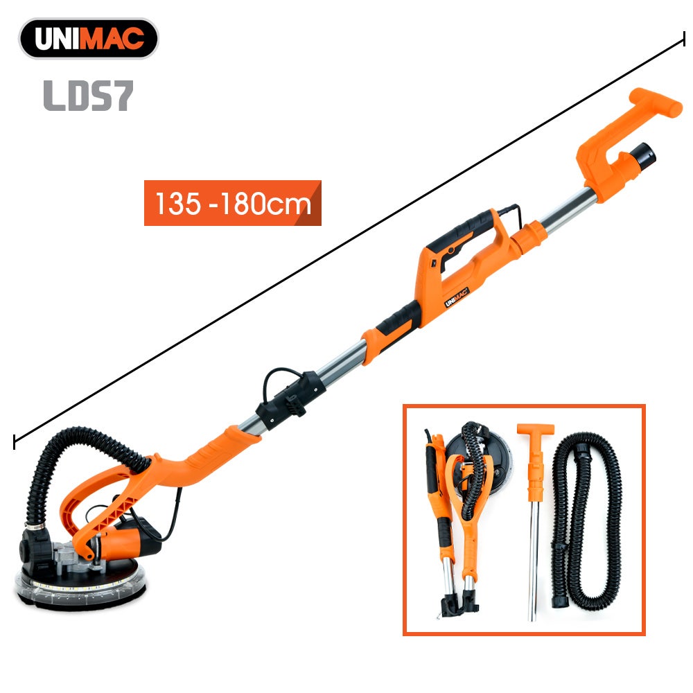 Unimac 225mm 750W Telescopic Long Reach Dry Wall Sander Kit, Foldable, Vacuum System, LED Worklight, 6x V219-SNDDRYUMLA7A
