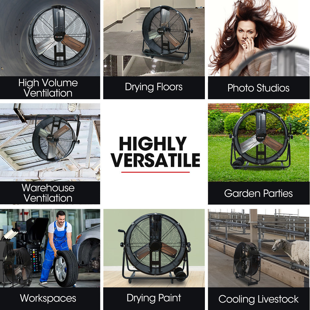 BAUMR-AG 24" 610mm 260W Industrial Mobile Floor Drum Fan, Tilting, Large, Commercial, Heavy-duty Frame, EESS V219-SPCAIRBM24DA