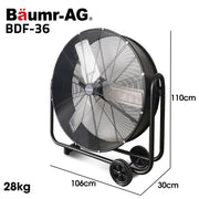 BAUMR-AG 36" 914mm Industrial Mobile Floor Drum Fan, 290W Brushless Motor, Tilting, Large, Commercial, V219-SPCAIRBM36DA