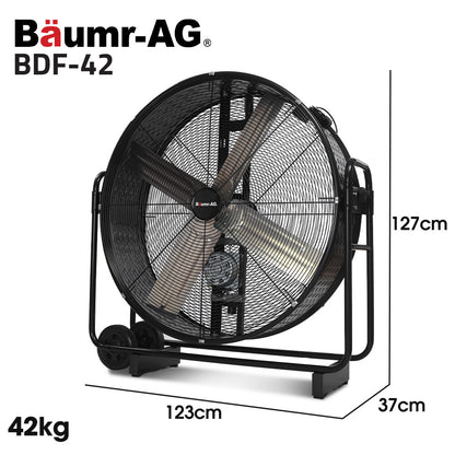 BAUMR-AG 42" 1067mm 660W Industrial Mobile Floor Drum Fan, Belt Drive, Tilting, Large, Commercial, Heavy-duty V219-SPCAIRBM42DA