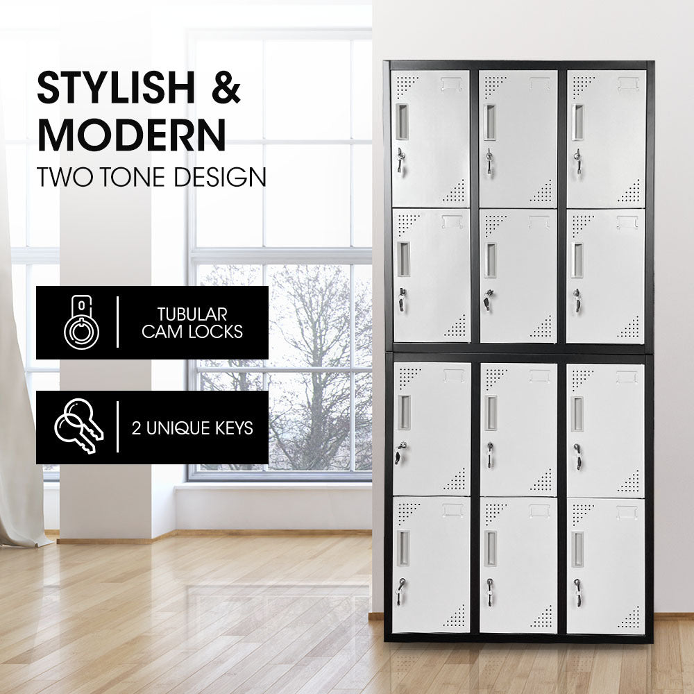 FORTIA 12-Door Metal Storage Locker Cabinet Gym Office Lockers Compartment, Black & Light Grey V219-STLFOA12DB
