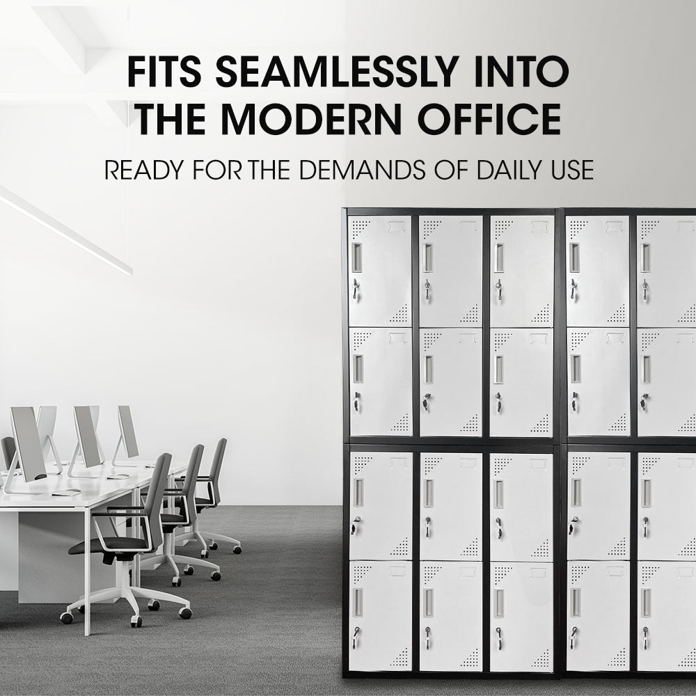 FORTIA 12-Door Metal Storage Locker Cabinet Gym Office Lockers Compartment, Black & Light Grey V219-STLFOA12DB