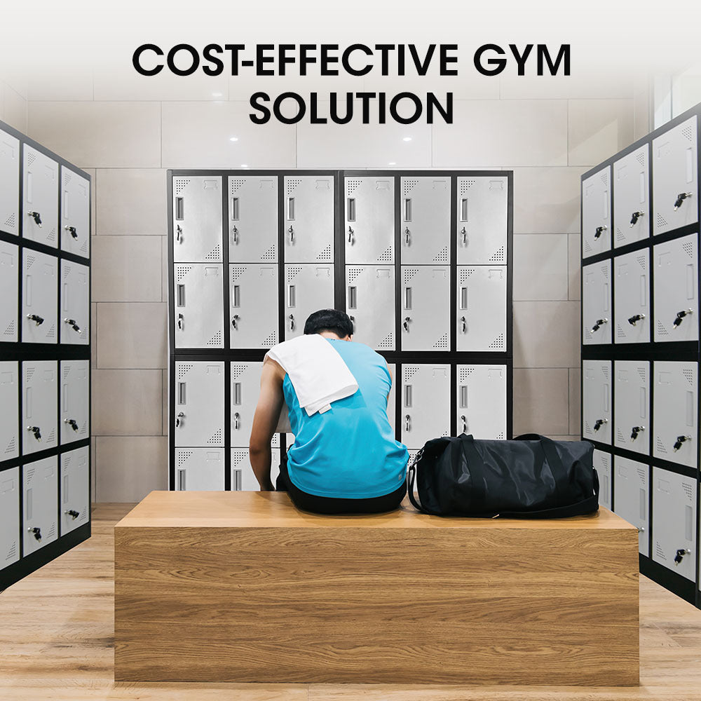 FORTIA 12-Door Metal Storage Locker Cabinet Gym Office Lockers Compartment, Black & Light Grey V219-STLFOA12DB