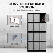 FORTIA 12-Door Metal Storage Locker Cabinet Gym Office Lockers Compartment, Black & Light Grey V219-STLFOA12DB