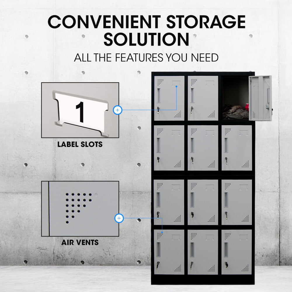 FORTIA 12-Door Metal Storage Locker Cabinet Gym Office Lockers Compartment, Black & Light Grey V219-STLFOA12DB