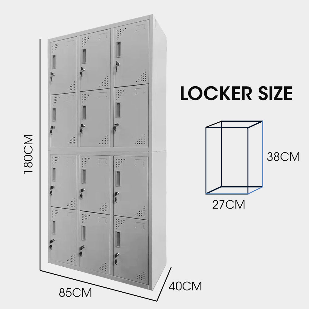 FORTIA 12 Doors Locker Cabinet Metal Storage Gym Home Office School - Light Grey V219-STLFOA12DG