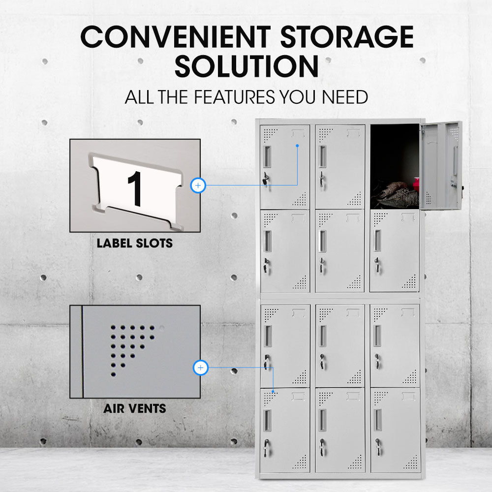 FORTIA 12 Doors Locker Cabinet Metal Storage Gym Home Office School - Light Grey V219-STLFOA12DG