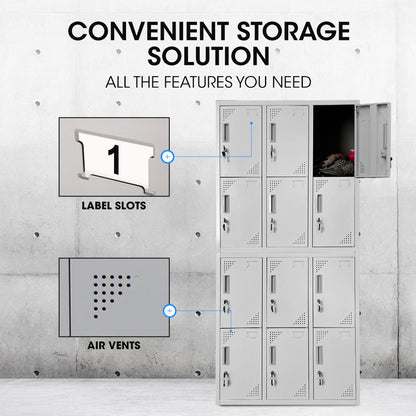 FORTIA 12 Doors Locker Cabinet Metal Storage Gym Home Office School - Light Grey V219-STLFOA12DG